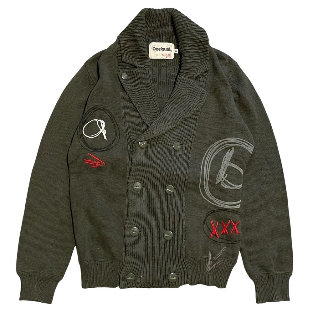Desigual Mens Double Breasted Cardigan Sweater XL Olive Green Graffiti 27J1110